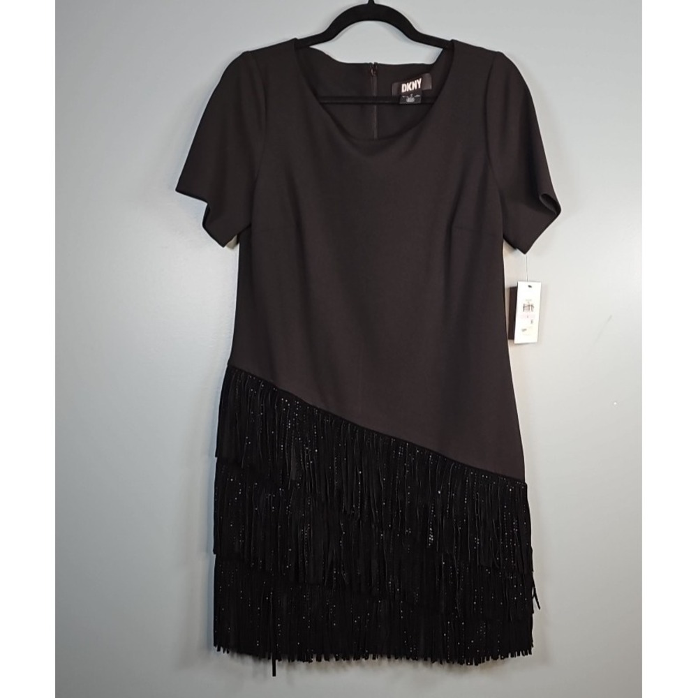 NWT DKNY Women's Black Above Knee Fringe Faux Leather Mini Dress Size 6